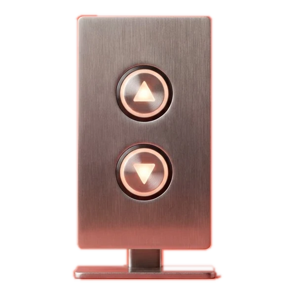A steel elevator call button panel on a coral backdrop